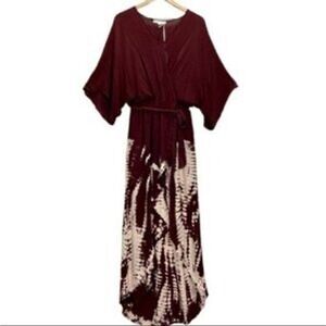 Young Fabulous & Broke Burgundy Tie Dye Maxi Dress Kimono Sleeve L NEW